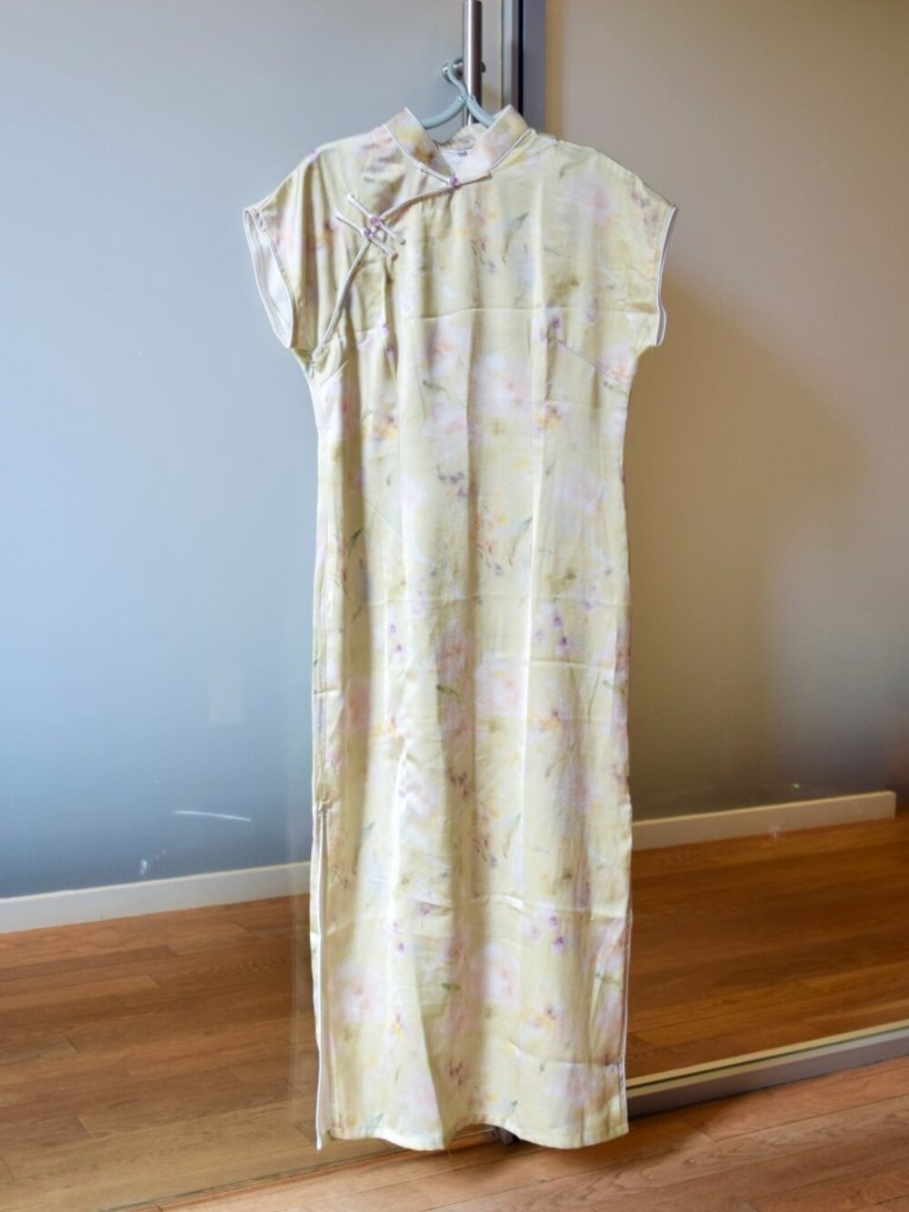 Yellow Purple Flora Satin Qipao Long Dress - Chinese Traditional Cheongsam